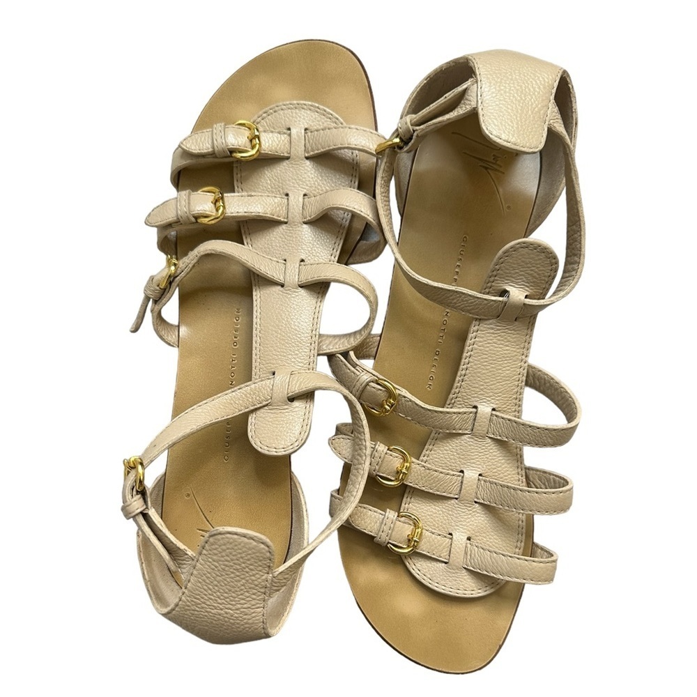 Giuseppe Zanotti Sandal Caged  Gladiator Strappy Flat Open Toe Tan Leather 40